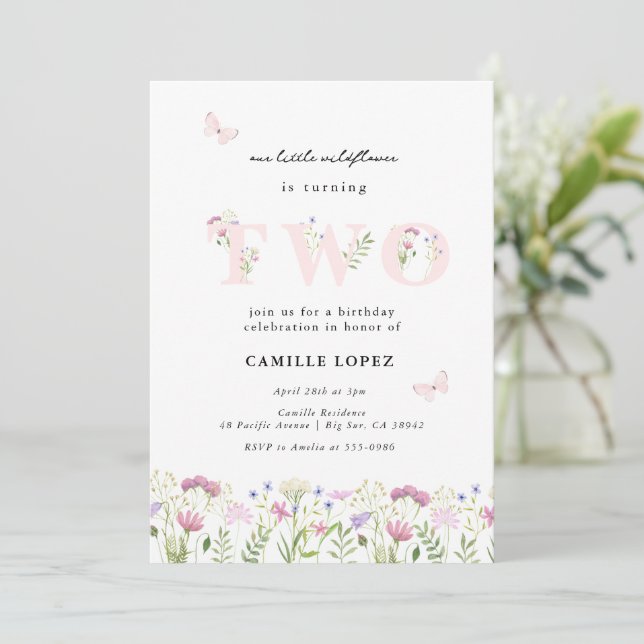 Watercolor Little Wildflower 2nd Birthday  Invitation (Standing Front)