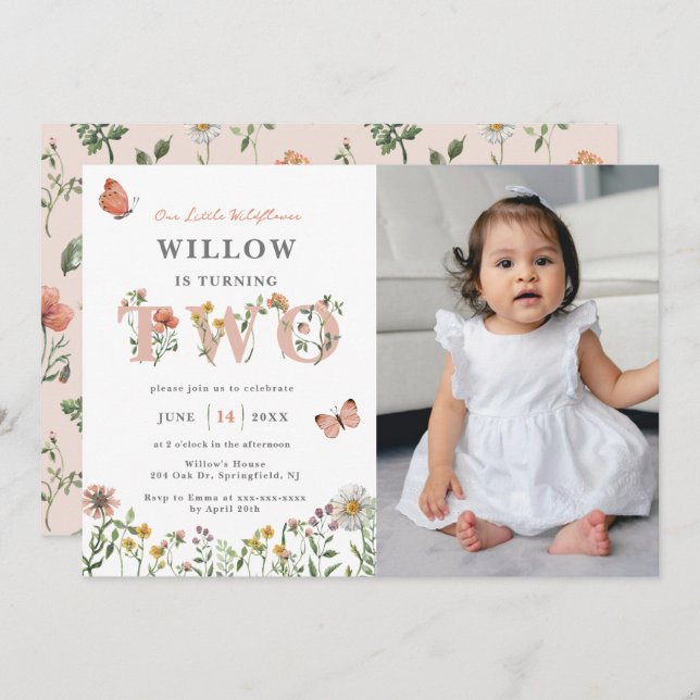 Watercolor Little Wildflower 2nd Birthday Invitation (Front/Back)