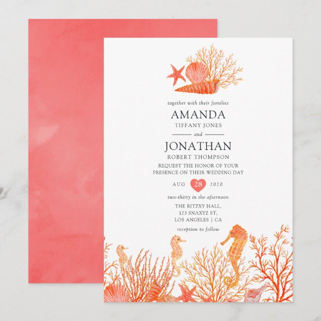 Watercolor Living Coral Beach Wedding Invitation (Front/Back)