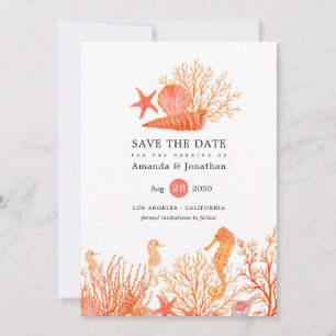 Watercolor Living Coral Beach Wedding Save The Date