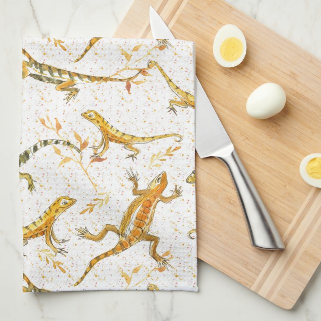Watercolor Lizards Earth Tone Tea Towel (Quarter Fold)