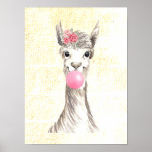 Watercolor Llama Blowing Bubble Textured Poster