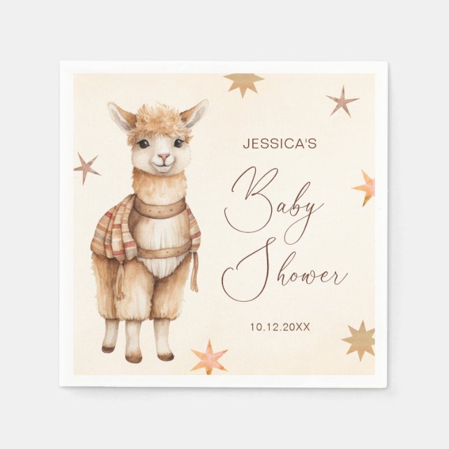 Watercolor Llama Boho Beige Baby Shower Napkin (Front)