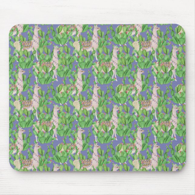 Watercolor Llama & Catus Pattern Mouse Mat (Front)