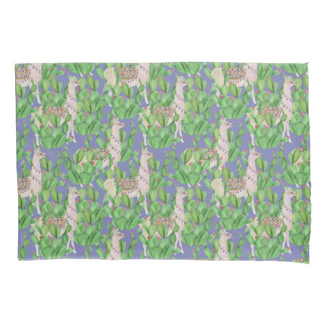 Watercolor Llama & Catus Pattern Pillowcase (Front-Left)