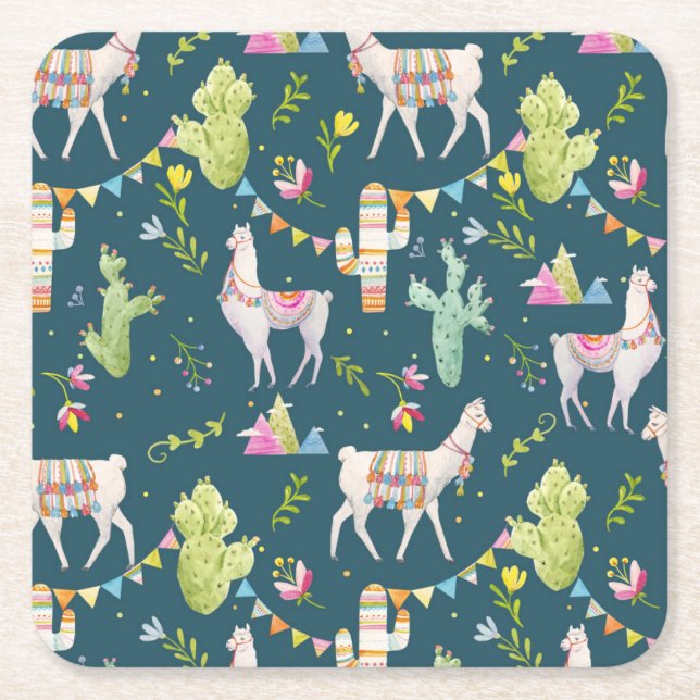 Watercolor Llama Flag Pattern Square Paper Coaster (Front)