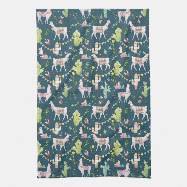 Watercolor Llama Flag Pattern Tea Towel (Vertical)