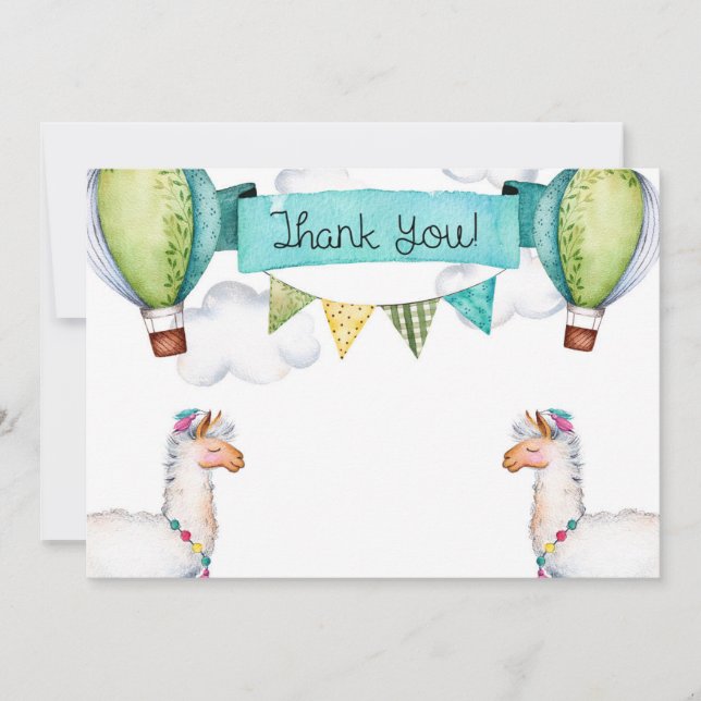 Watercolor Llama Hot Air Balloon Thank You Card (Front)