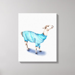 Watercolor Llama in Blue Sweater Canvas Print