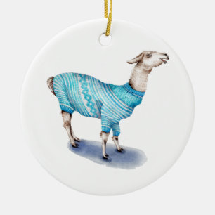 Watercolor Llama in Blue Sweater Ceramic Tree Decoration