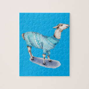 Watercolor Llama in Blue Sweater Jigsaw Puzzle