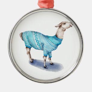 Watercolor Llama in Blue Sweater Metal Tree Decoration