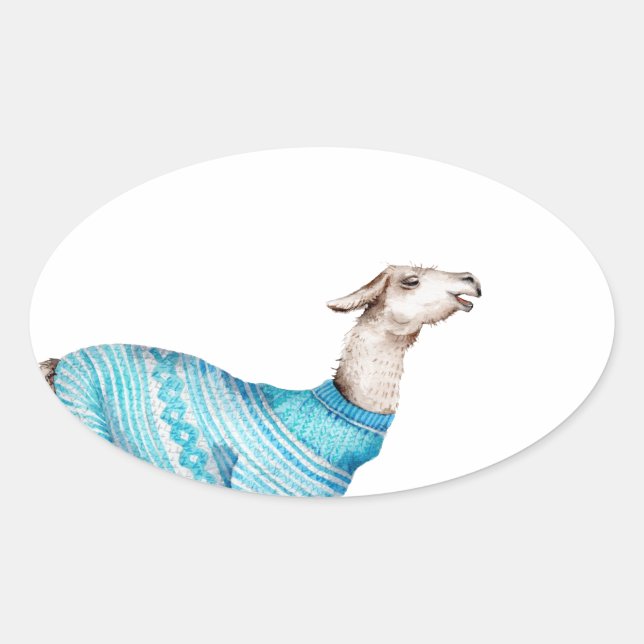 Watercolor Llama in Blue Sweater Oval Sticker (Front)