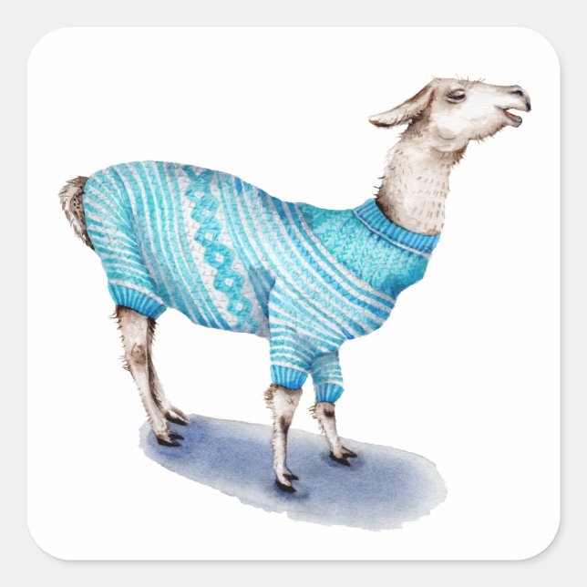 Watercolor Llama in Blue Sweater Square Sticker (Front)