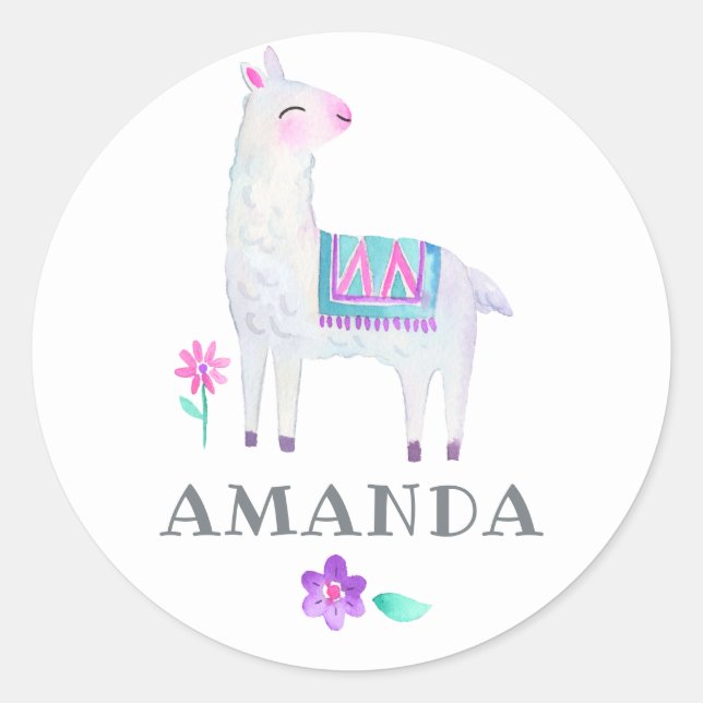 Watercolor Llama Kids Birthday Party Classic Round Sticker (Front)