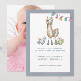 Watercolor Llama Kids Birthday Party Photo Invitation