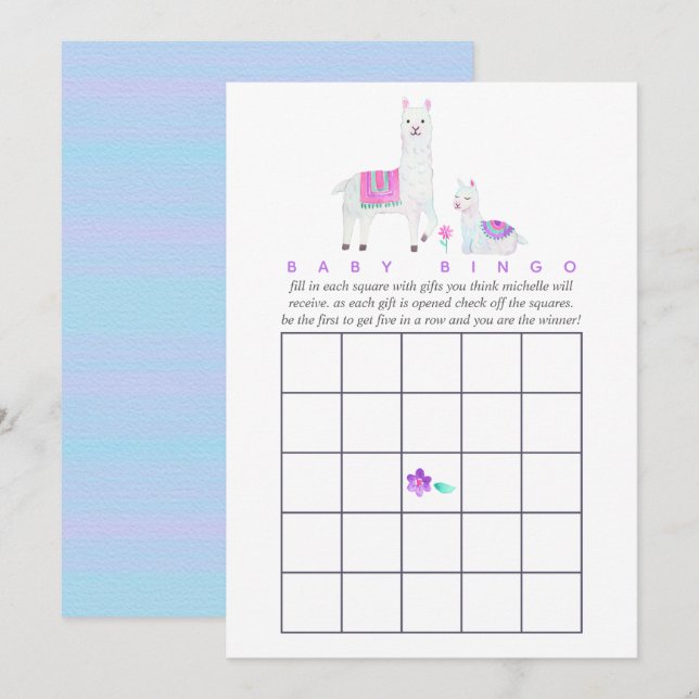 Watercolor Llama themed Baby Shower Bingo Invitation (Front/Back)