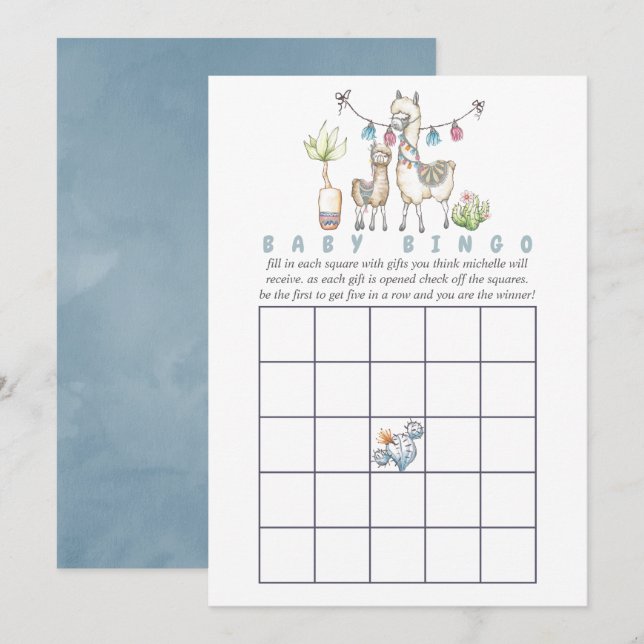 Watercolor Llama themed Baby Shower Bingo Invitation (Front/Back)