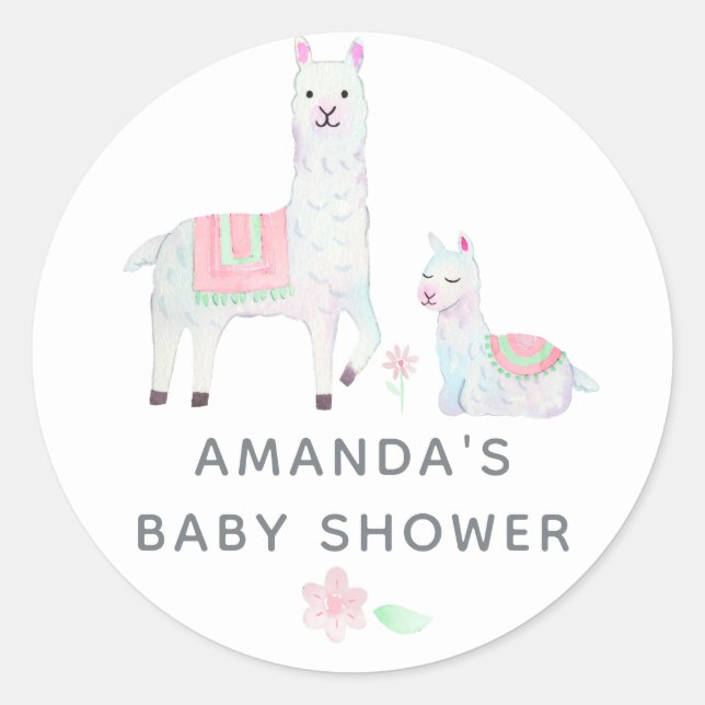 Watercolor Llama themed Baby Shower Classic Round Sticker (Front)