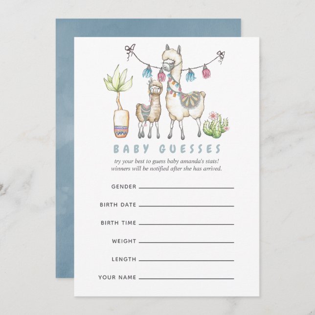Watercolor Llama themed Baby Shower Guessing Game Invitation (Front/Back)