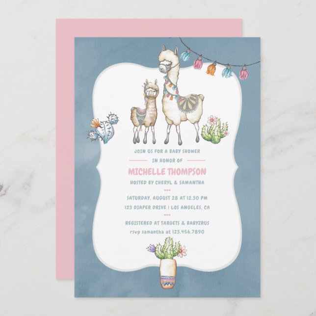 Watercolor Llama themed Baby Shower Invitation (Front/Back)