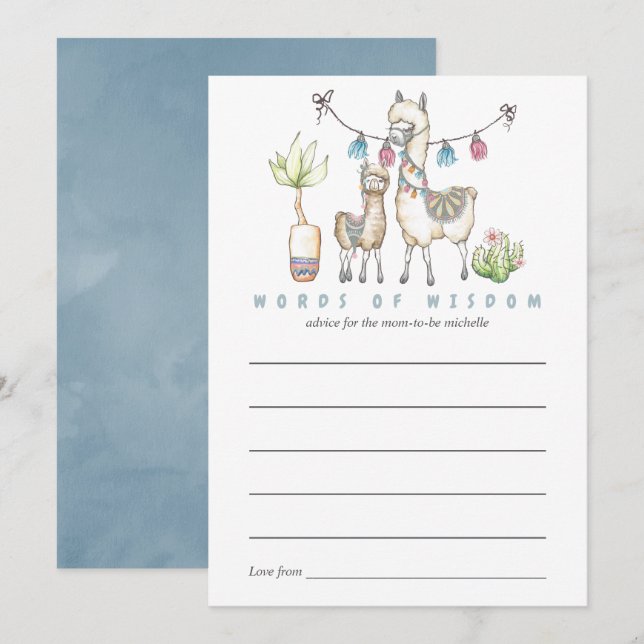 Watercolor Llama themed Baby Shower Mum Advice Invitation (Front/Back)
