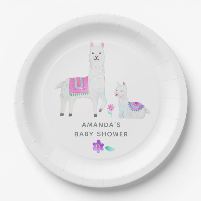 Watercolor Llama themed Baby Shower Paper Plate (Front)