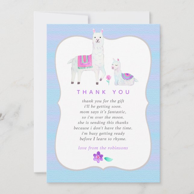 Watercolor Llama themed Baby Shower Thank You (Front)