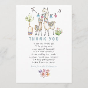 Watercolor Llama themed Baby Shower Thank You