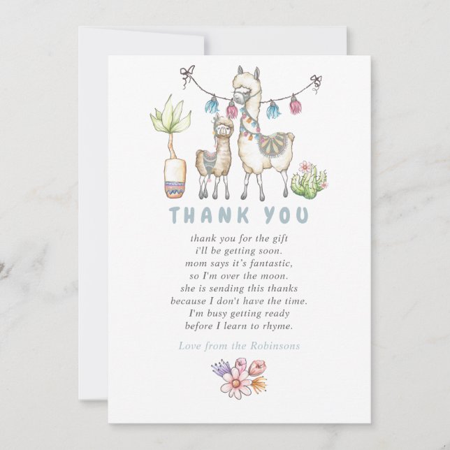 Watercolor Llama themed Baby Shower Thank You (Front)