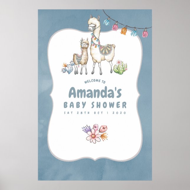 Watercolor Llama themed Baby Shower Welcome Poster (Front)