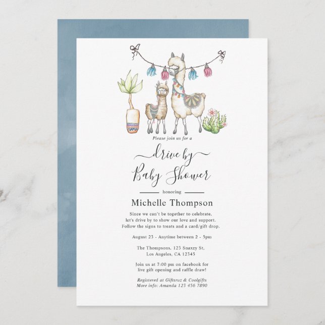 Watercolor Llama themed Drive By Baby Shower Invitation (Front/Back)