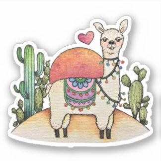 Watercolor Llama With Cactus
