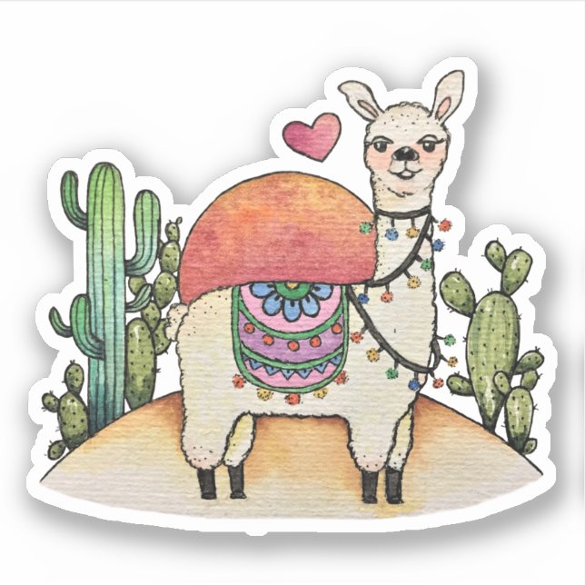 Watercolor Llama With Cactus (Front)