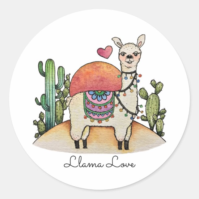 Watercolor Llama With Cactus Classic Round Sticker (Front)