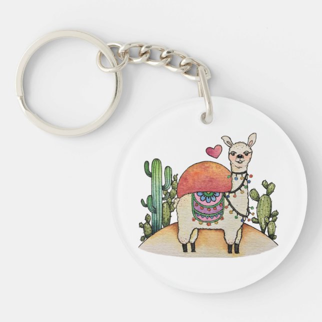 Watercolor Llama With Cactus Key Ring (Front)