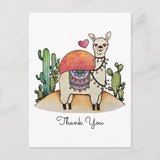 Watercolor Llama With Cactus Postcard (Front)