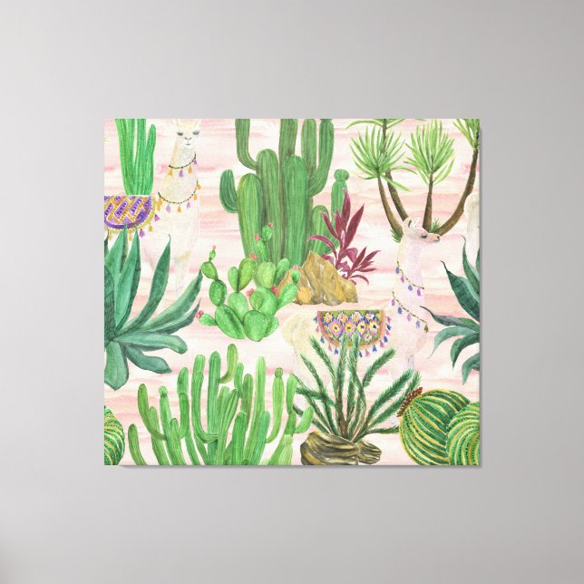 Watercolor llamas and cacti pattern. canvas print (Front)
