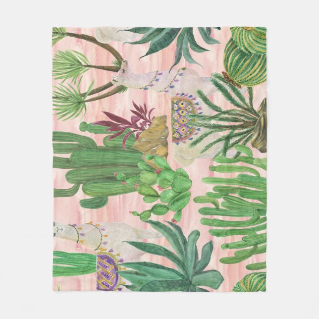 Watercolor llamas and cacti pattern. fleece blanket (Front)