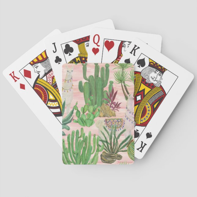 Watercolor llamas and cacti pattern. playing cards (Back)