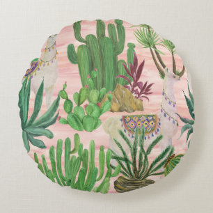 Watercolor llamas and cacti pattern. round cushion