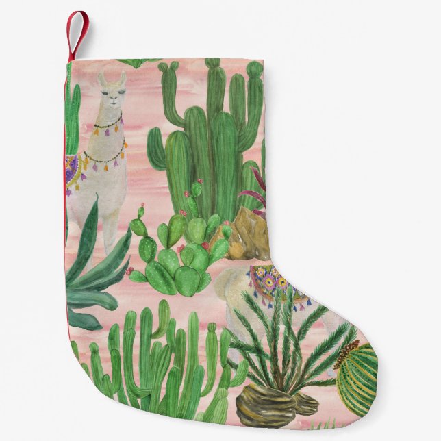 Watercolor llamas and cacti pattern. small christmas stocking (Front)