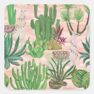 Watercolor llamas and cacti pattern. square sticker