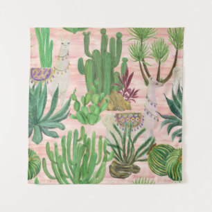 Watercolor llamas and cacti pattern. tapestry