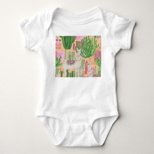 Watercolor llamas, cacti: seamless pattern. baby bodysuit (Front)