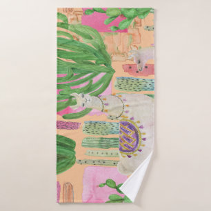 Watercolor llamas, cacti: seamless pattern. bath towel