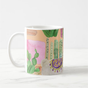Watercolor llamas, cacti: seamless pattern. coffee mug