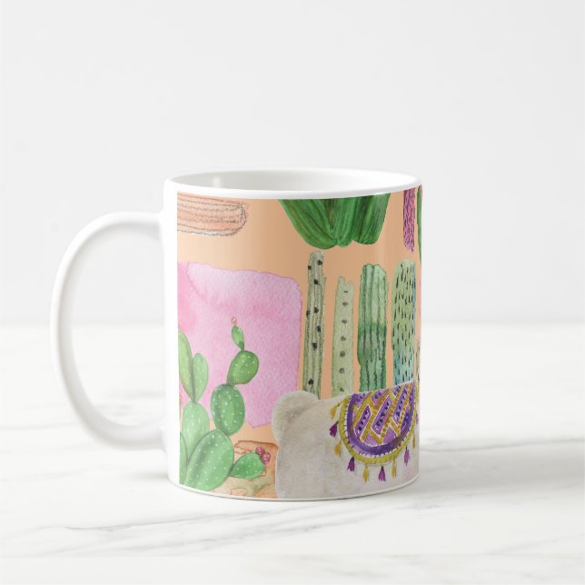 Watercolor llamas, cacti: seamless pattern. coffee mug (Left)