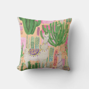 Watercolor llamas, cacti: seamless pattern. cushion