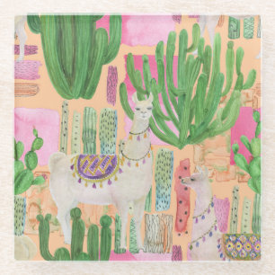 Watercolor llamas, cacti: seamless pattern. glass coaster